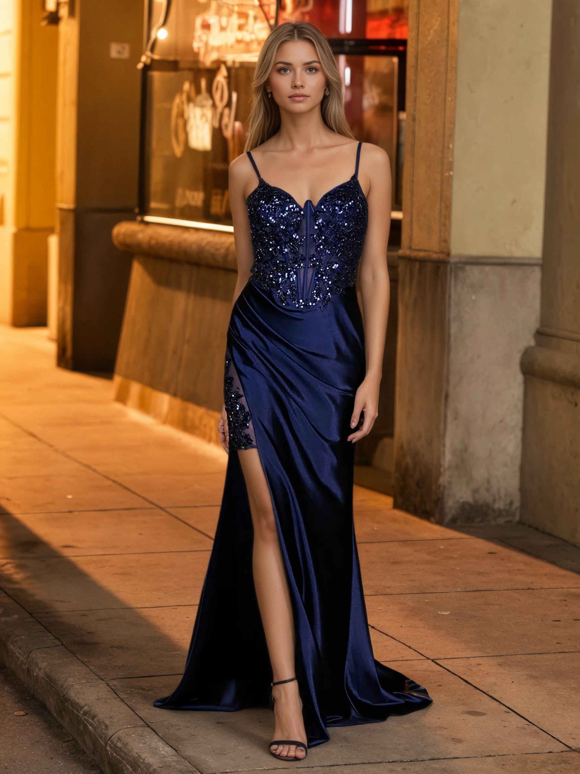 Sevoba | Sequin Appliqued Corset Maxi Dress Dark Navy