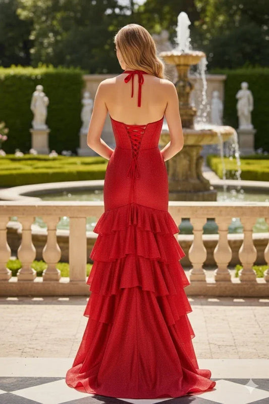 Sevoba red glitter halter corset prom dress with lace-up back and tiered ruffle mermaid skirt, back view