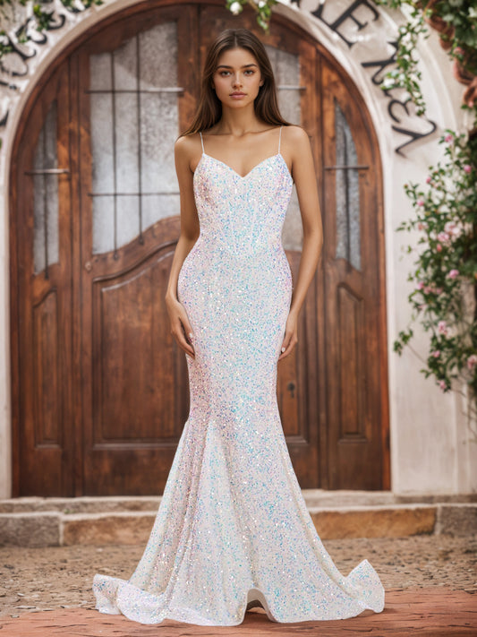 Sevoba | Sparkly Sequins V-neck Sweep Train Mermaid Dresses Ivory