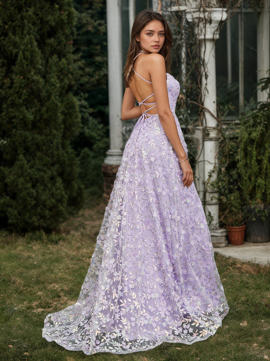 Sevoba | Square Neckline Sweep Train Floral Dress With Slit Lilac