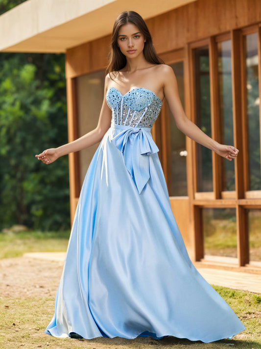 Sevoba | Strapless Sequin Corset Satin Maxi Dresses Sky Blue