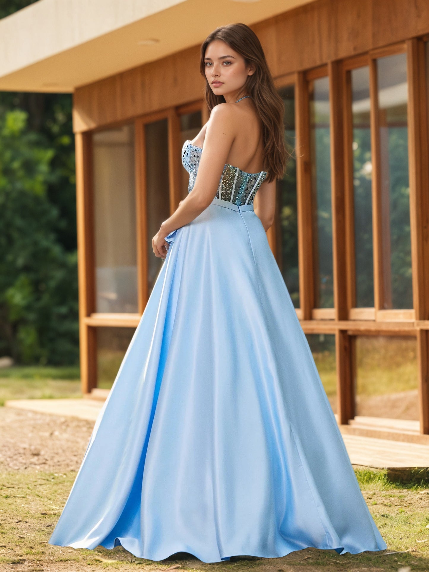 Sevoba | Strapless Sequin Corset Satin Maxi Dresses Sky Blue
