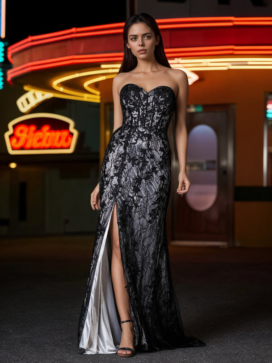 Sevoba | Strapless Sheath Tulle Dress With Slit Black