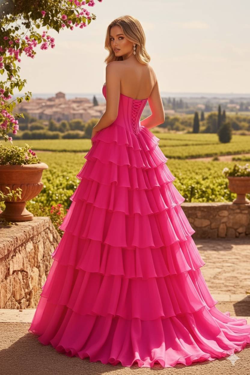 Sevoba|Stylish A Line Strapless Beading Ruffle Tiered Long Prom Dress With Slit