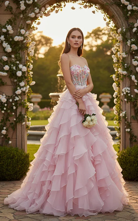 Woman in strapless pink ruffled corset prom dress with sequin appliques in a garden archway