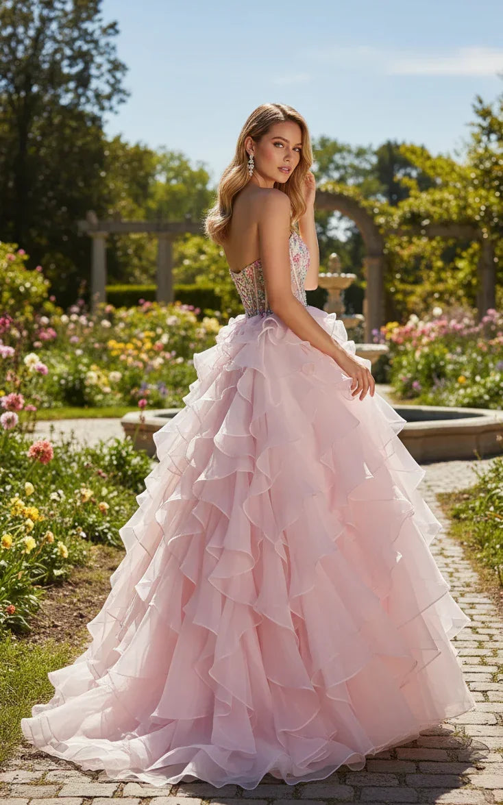 Woman in strapless pink ruffle prom dress with sequin corset, standing in a garden