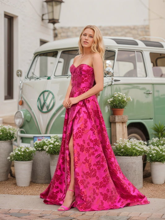 Sevoba|Stylish A Line Sweetheart Fuchsia Jacquard Satin Prom Dress