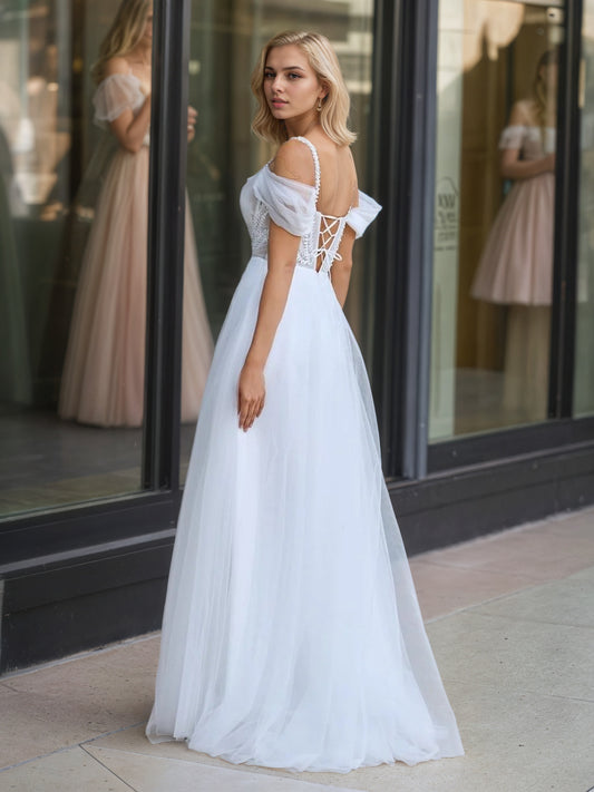 Sevoba|V-neck Pearl Embellished Floor Length Prom Dresses
