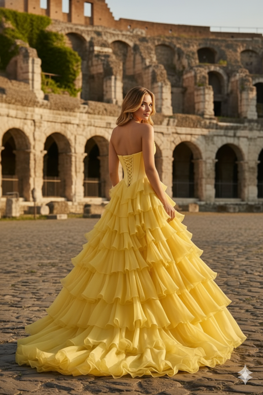 Sevoba|Vintage A Line Sweetheart Corset Ruffle Tiered Long Prom Dress With Bow