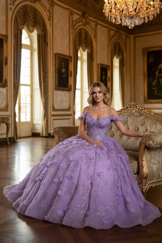 Woman in a lavender 3D floral ball gown with gold accents, sitting in an ornate room