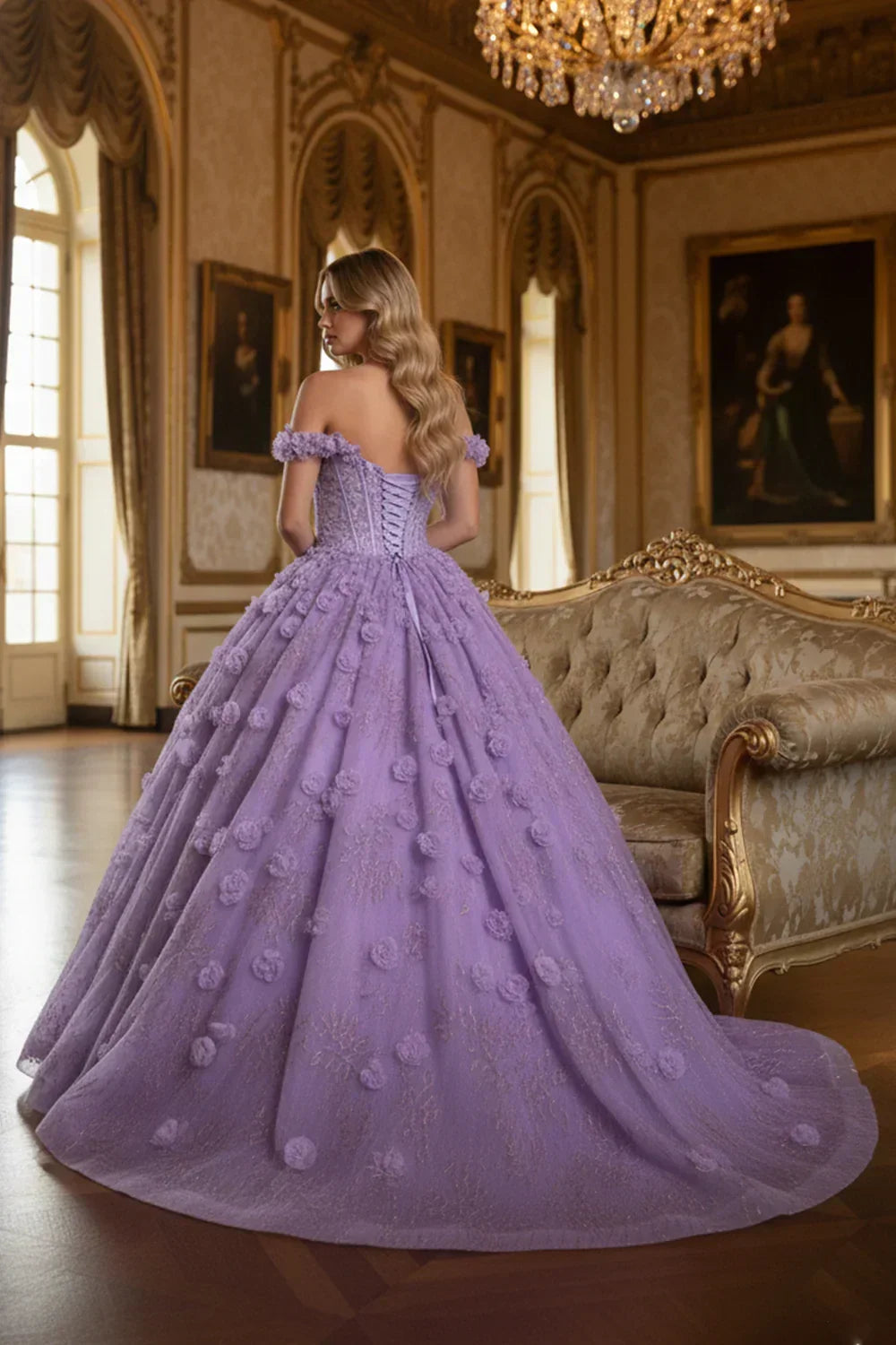 Lavender 3D floral ball gown with gold accents, off-shoulder, in a luxurious room