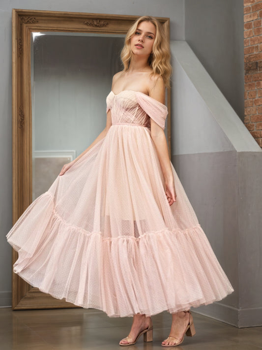 Sevoba|A-Line Rose Pink Tulle Sweetheart Tea-Length Prom Dress