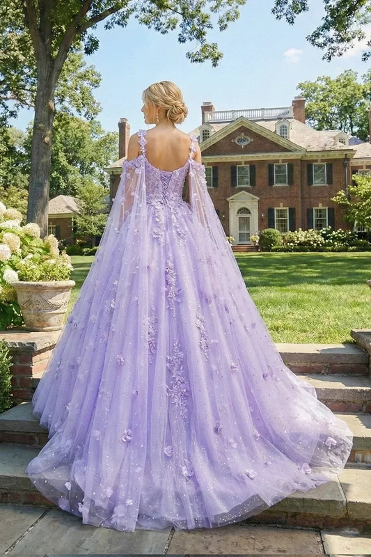 Lavender ball gown with 3D floral details and sheer cape, outdoor garden setting