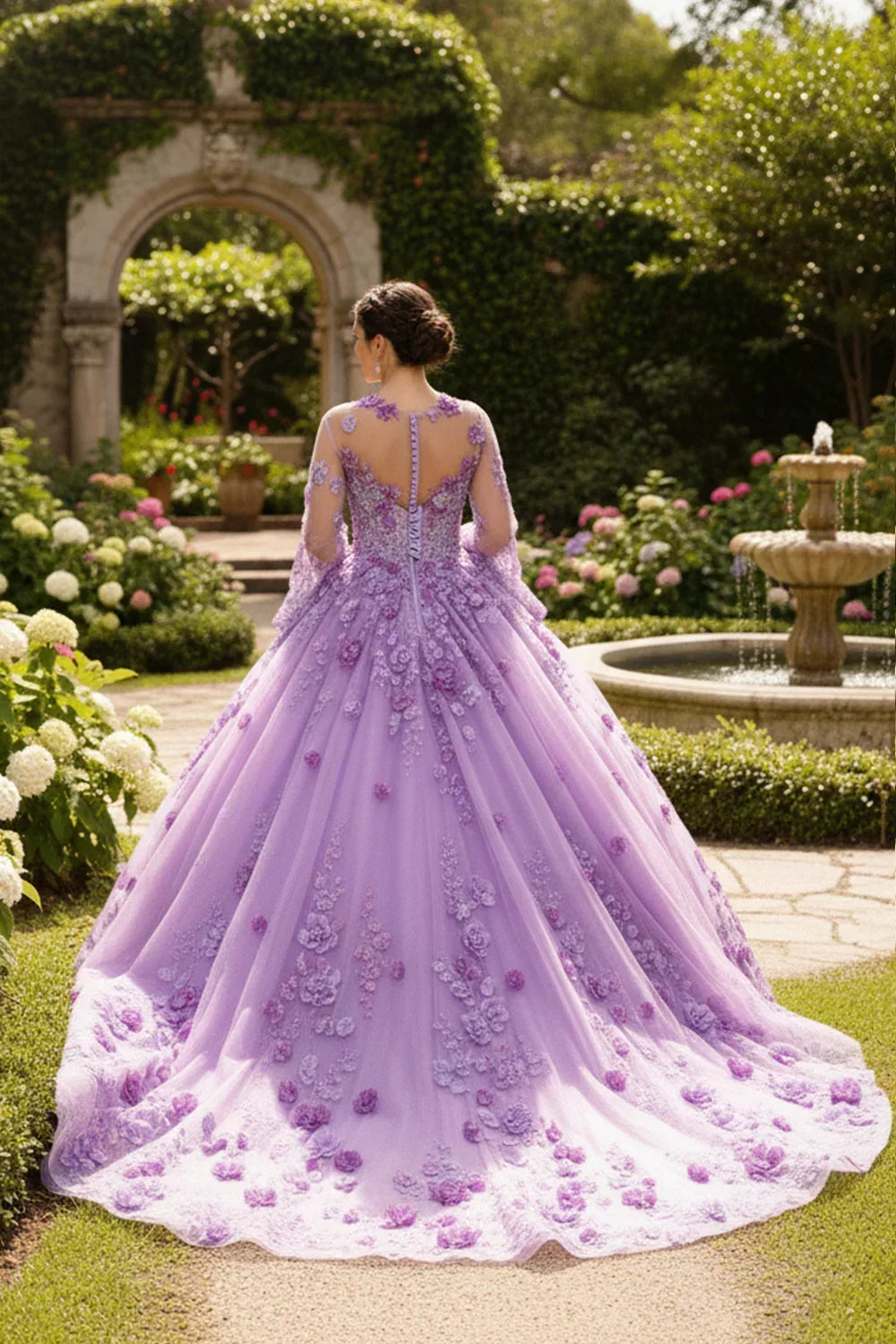 Woman in a lavender ball gown with 3D floral lace in a formal garden setting