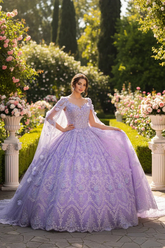 Woman in purple off-the-shoulder ball gown with lace and 3D floral details in a garden