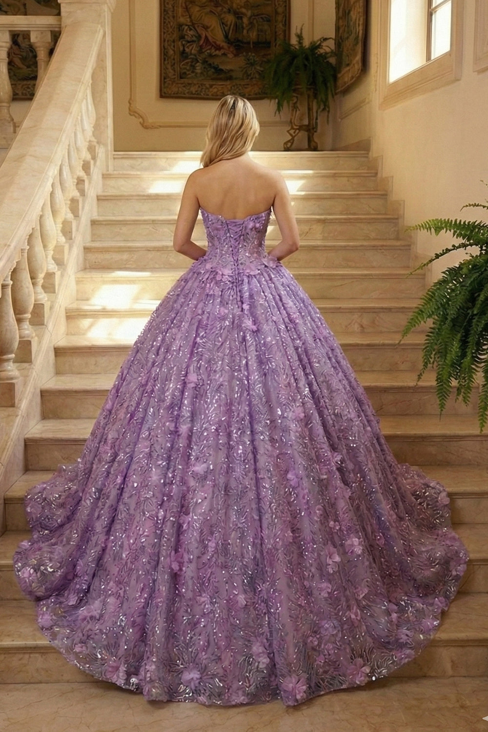 Elegant Ball Gown Strapless Quinceañera Dress With Floral Embroidery and Sequin | Sevoba