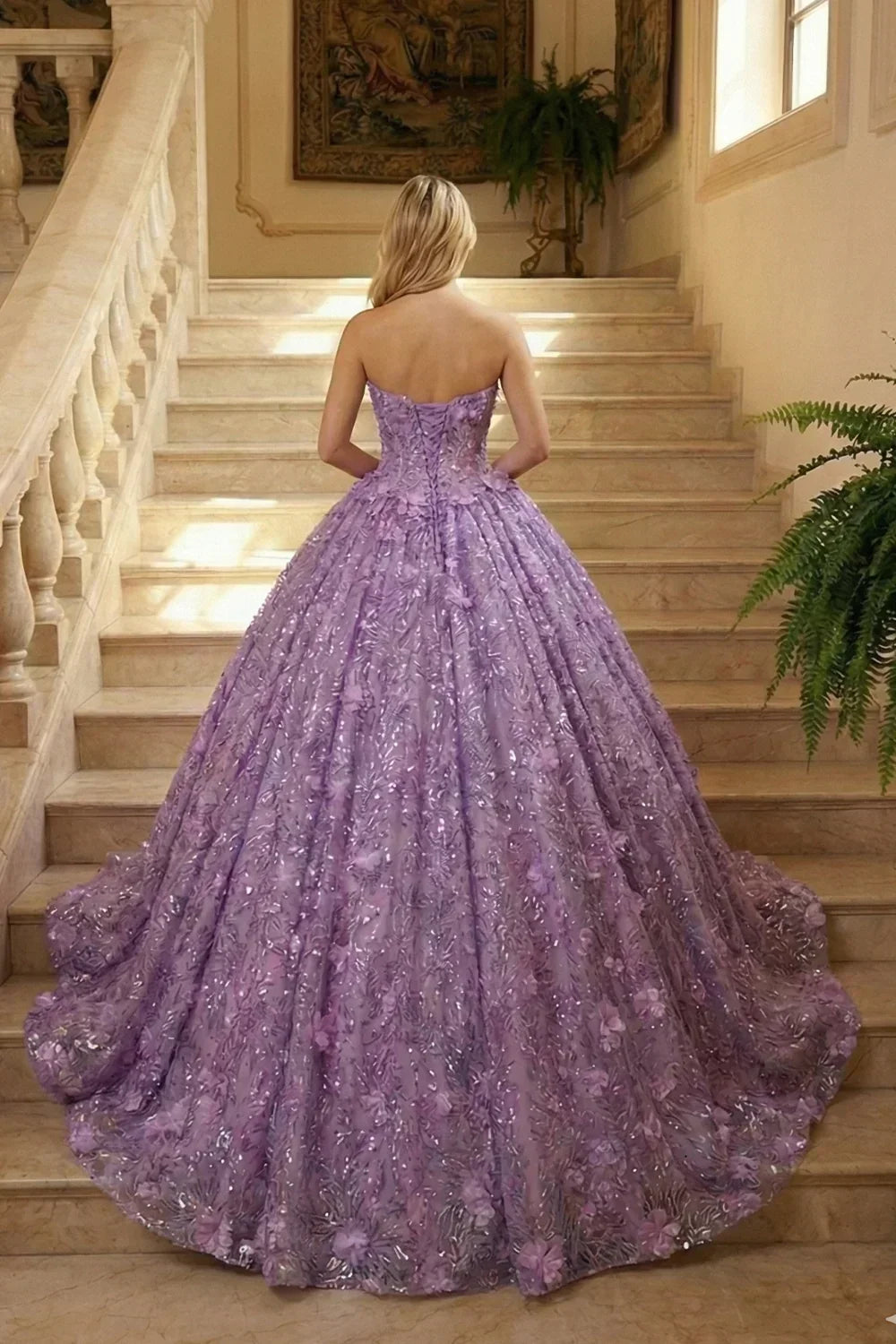 Woman in a strapless lavender ball gown with floral embroidery and sequins on a staircase