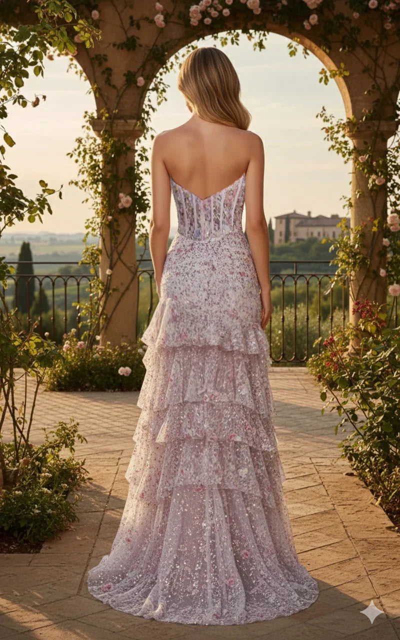Back view of a woman in a tiered sequin prom dress with corset bodice outdoors