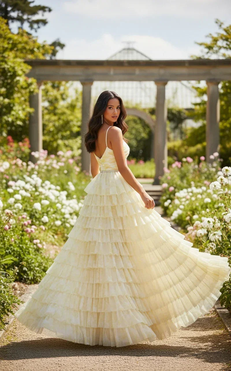 Woman in elegant tiered A-line prom dress with spaghetti straps and beading, outdoors in garden
