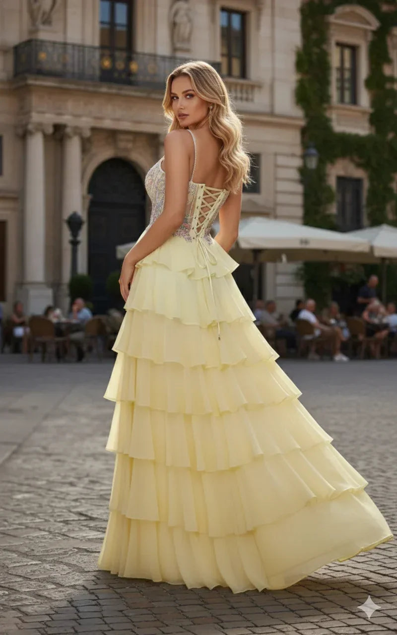 Woman wearing a yellow tiered A-line prom dress with spaghetti straps and rhinestone corset bodice outdoors.