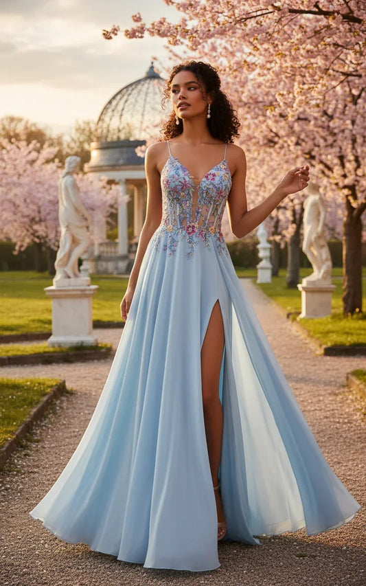 Woman in a light blue A-line tulle prom dress with spaghetti straps and floral appliques, outdoors with cherry blossoms.
