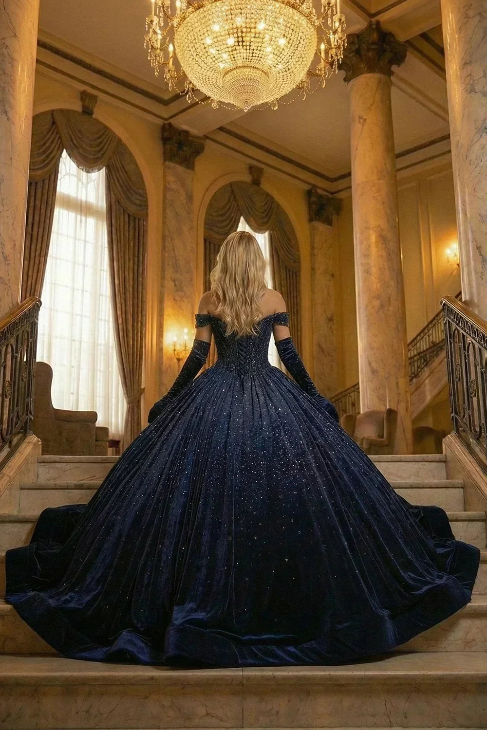 Woman in a navy velvet off-shoulder ball gown with glitter, standing in a grand, elegant hall.