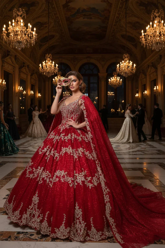 Woman in ornate red ball gown with gold embroidery and cape, holding a mask in a grand ballroom.