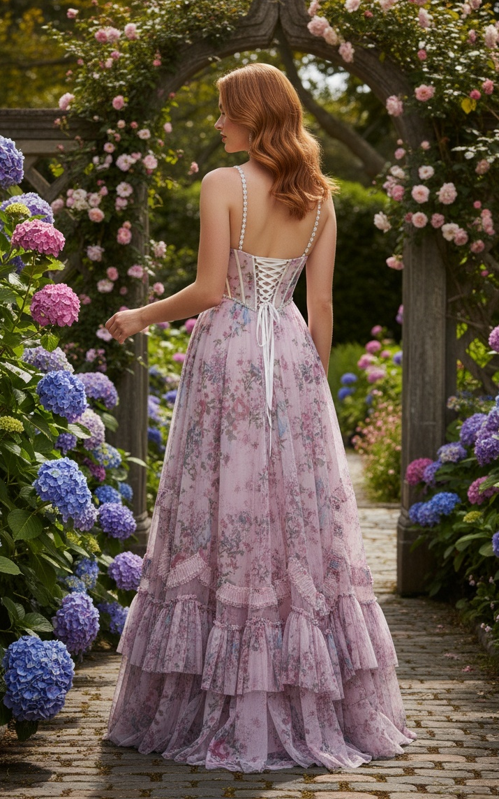 Sevoba|Modern A Line Spaghetti Straps Corset Floral Ruffled Long Prom Dress