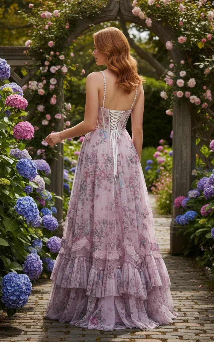 Woman in a pink floral A-line ruffled prom dress with corset back, standing in a garden