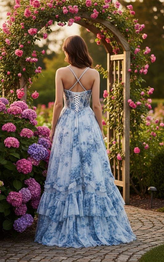 Sevoba|Modern A Line Spaghetti Straps Corset Floral Ruffled Long Prom Dress