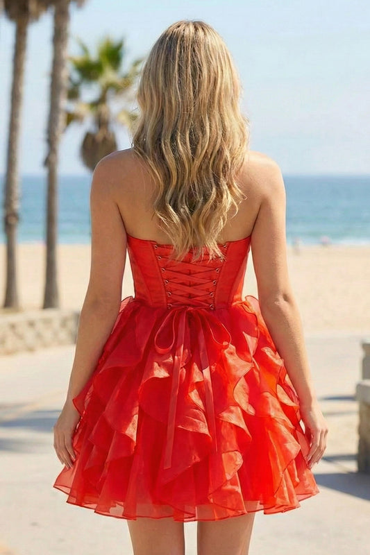 A Line Strapless Corset Ruffles Short Homecoming Dresses with Bows | Sevoba