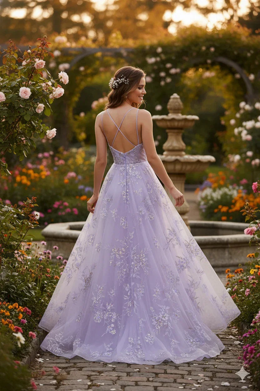 Lavender A-line prom dress with spaghetti straps and floral appliques in a garden setting
