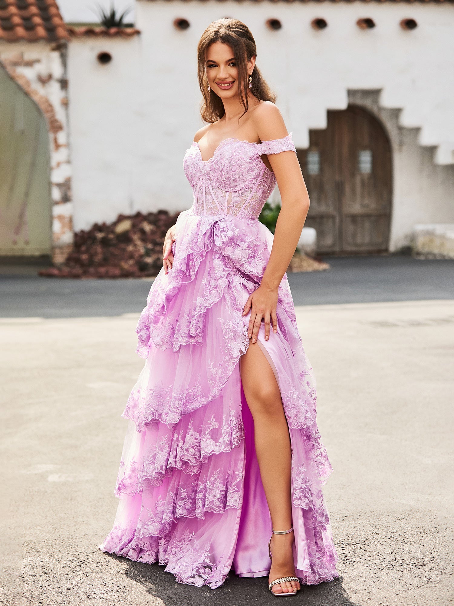 Sevoba | Off The Shoulder Tiered Prom Dress with Slit Lilac