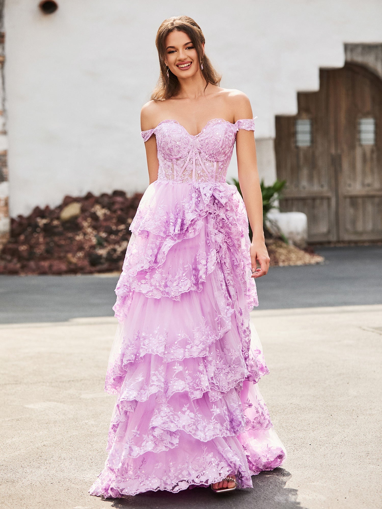 Sevoba | Off The Shoulder Tiered Prom Dress with Slit Lilac
