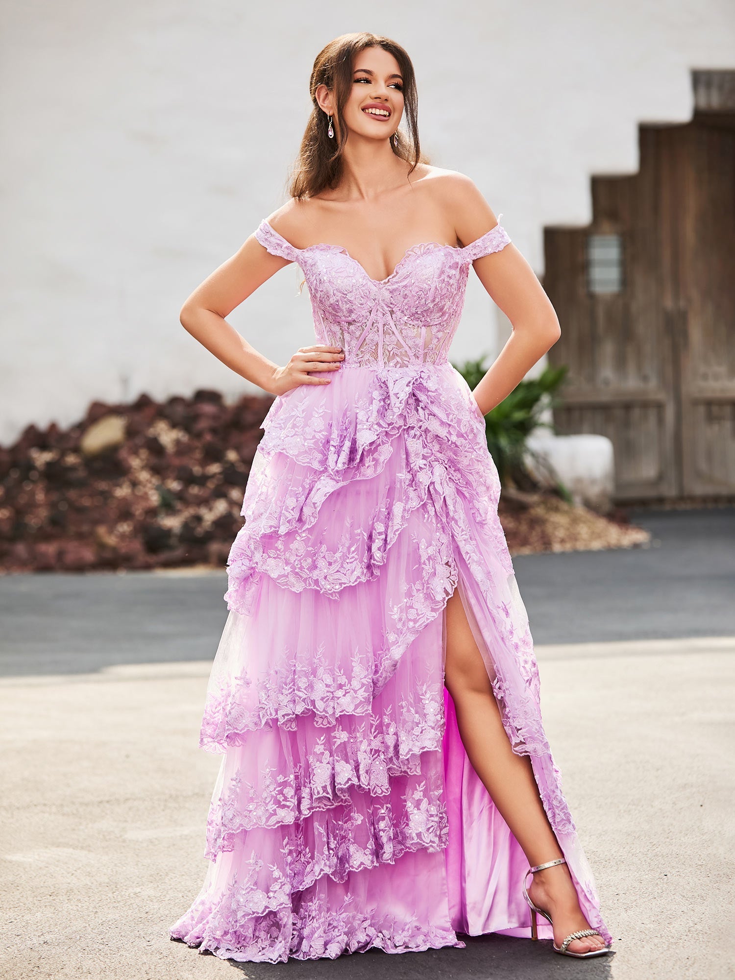 Sevoba | Off The Shoulder Tiered Prom Dress with Slit Lilac