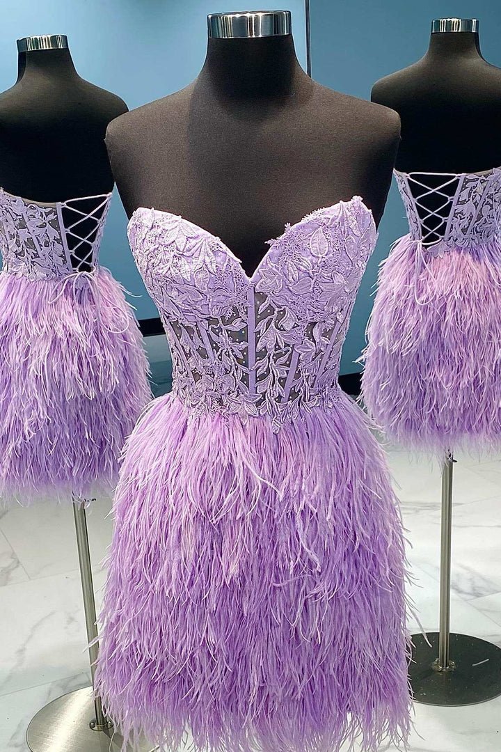 Sevoba|Sheath Sweetheart Lace Feather Skirt Homecoming Dress