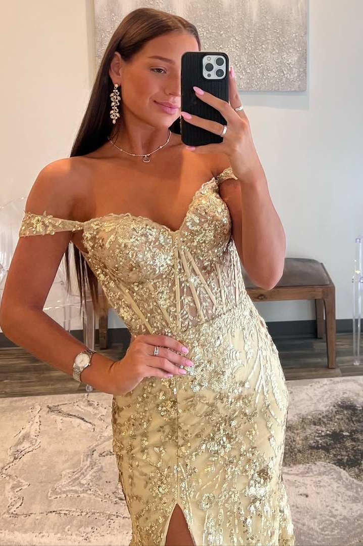 Sevoba|Off-the-Shoulder Sequin Lace Mermaid Long Dress with High Slit