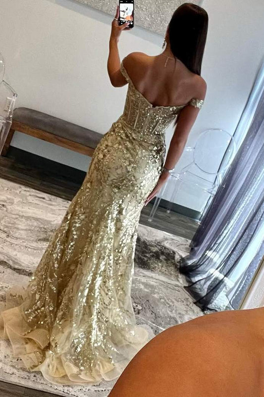 Sevoba|Off-the-Shoulder Sequin Lace Mermaid Long Dress with High Slit