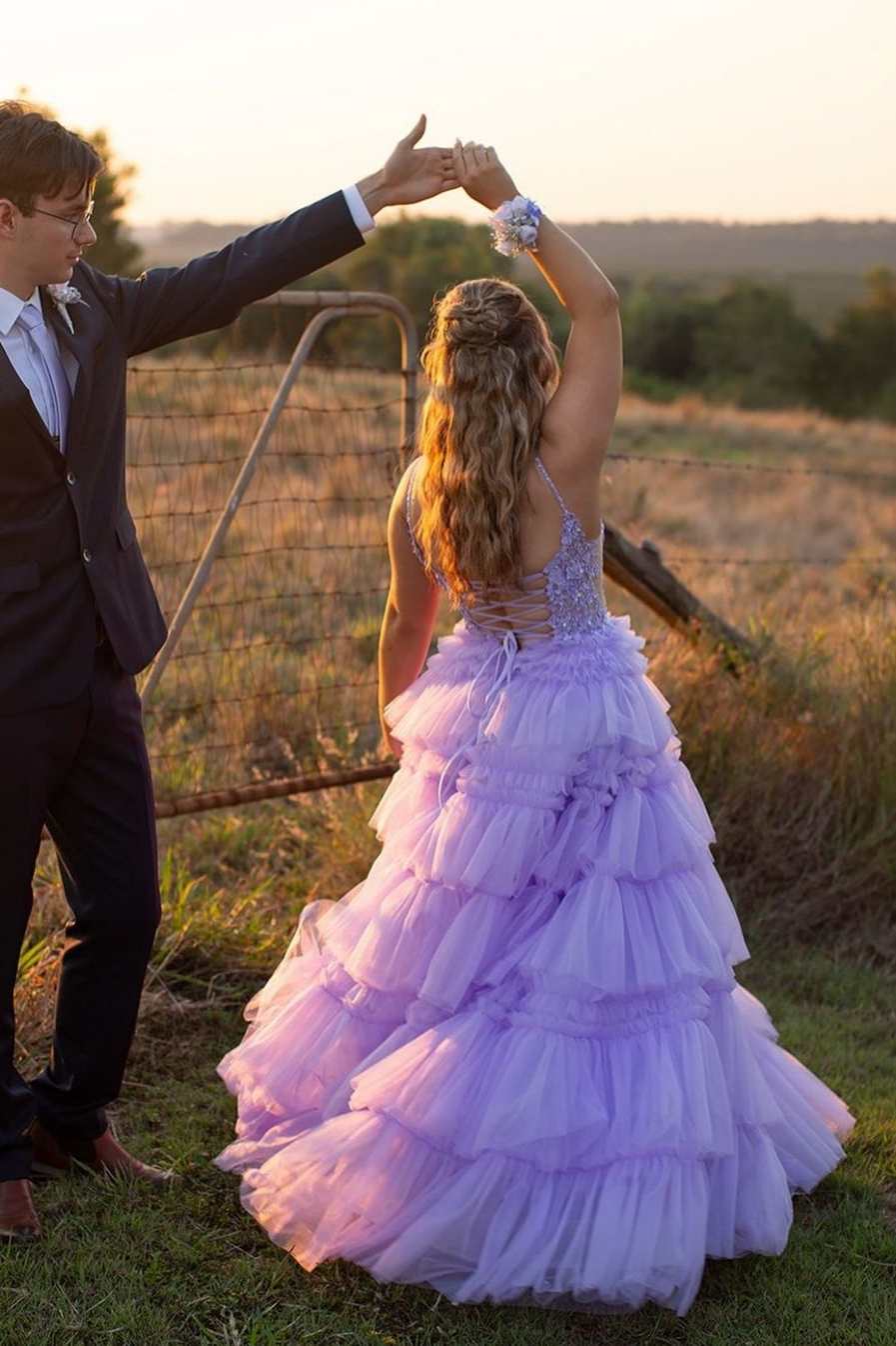 Sevoba|Spaghetti Strap V-Neck Sleeveless Ruffle Tiered Tulle Long Prom Dress