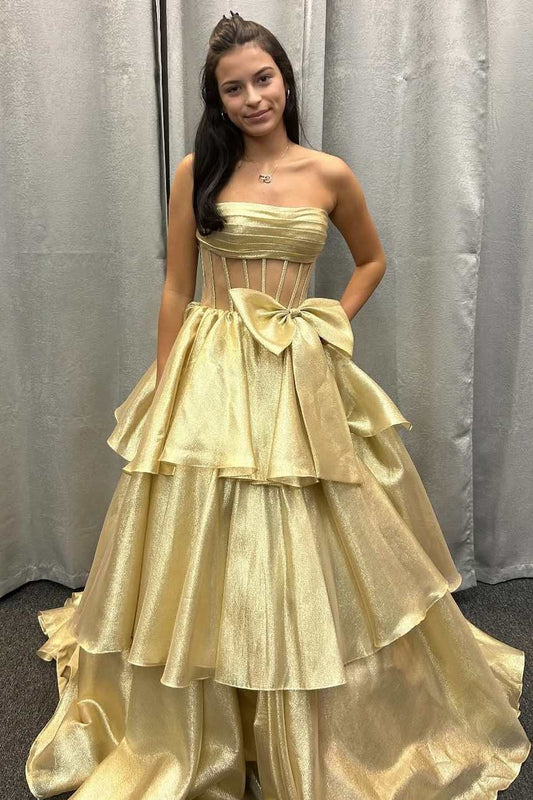 Sevoba|A-Line Strapless Empire-Waist Tiered Sleeveless Long Prom Dress with Bow