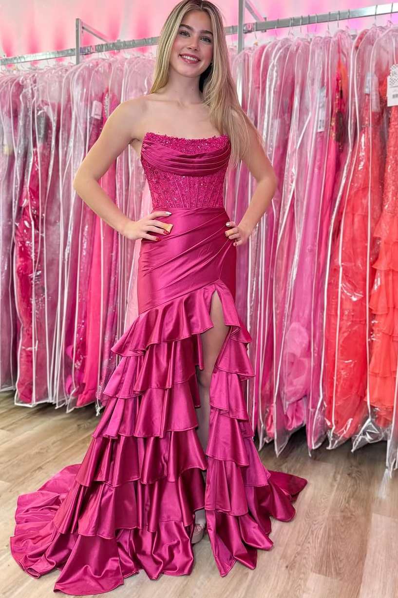 Sevoba|Pink Strapless Scoop Layered Pleated Mermaid Prom Dress with Slit