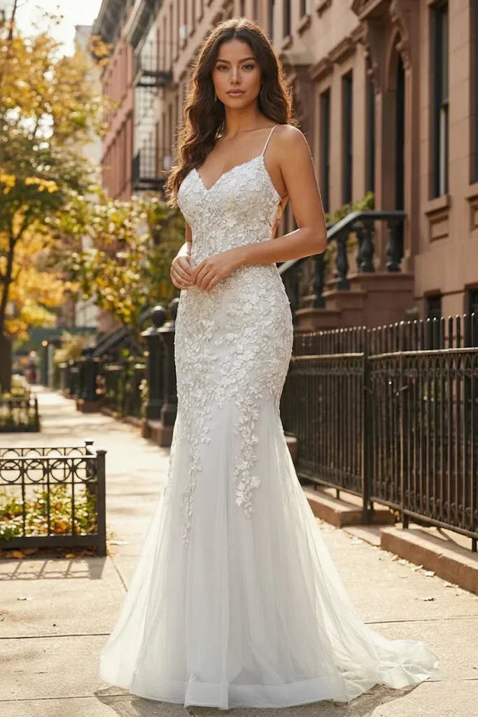 Spaghetti Strap Floral Lace Mermaid Prom Dress | Sevoba