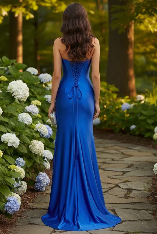 Strapless Beaded Corset Satin Mermaid Prom Dress with Slit | Sevoba