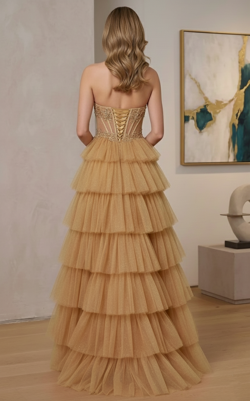 Strapless Beaded Corset Tiered Glitter Tulle A-Line Prom Dress | Sevoba