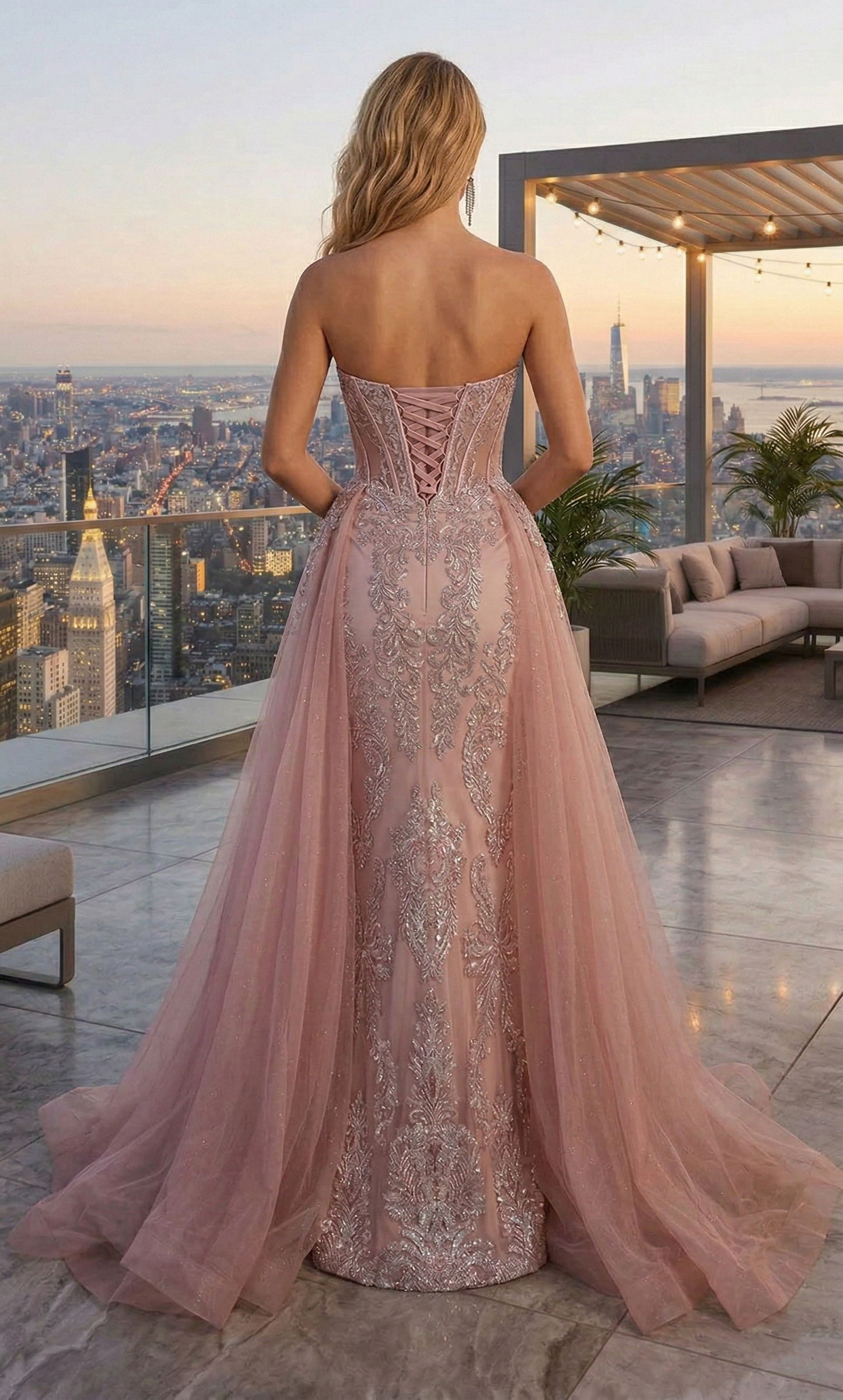 Strapless Beaded Lace Corset Mermaid Prom Dress with Tulle Overskirt | Sevoba