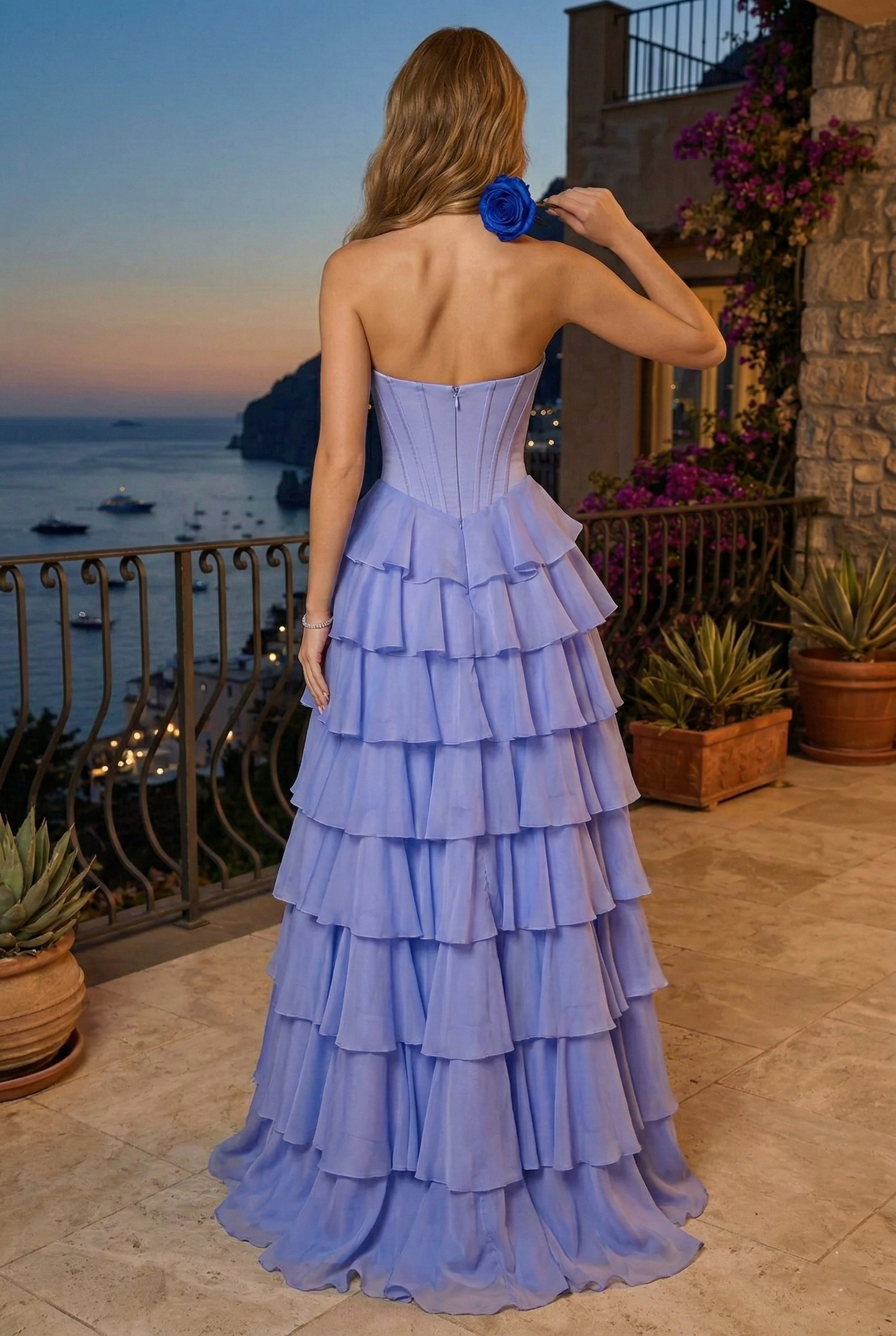 Strapless Beaded Sweetheart Corset Tiered Chiffon Prom Dress with Slit | Sevoba