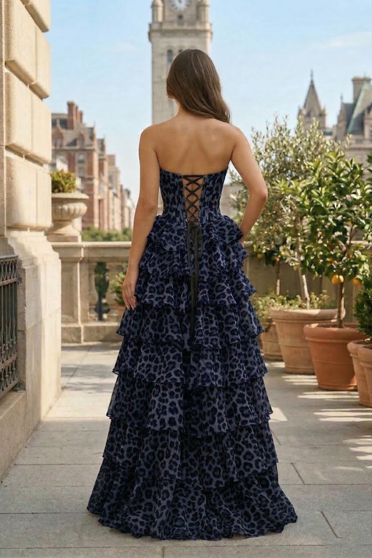 Strapless Corset Leopard Print Tiered Ruffle Prom Dress with Slit | Sevoba