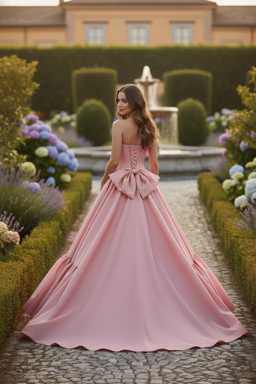 Strapless Corset Satin Ball Gown Prom Dress with Bow Detail | Sevoba