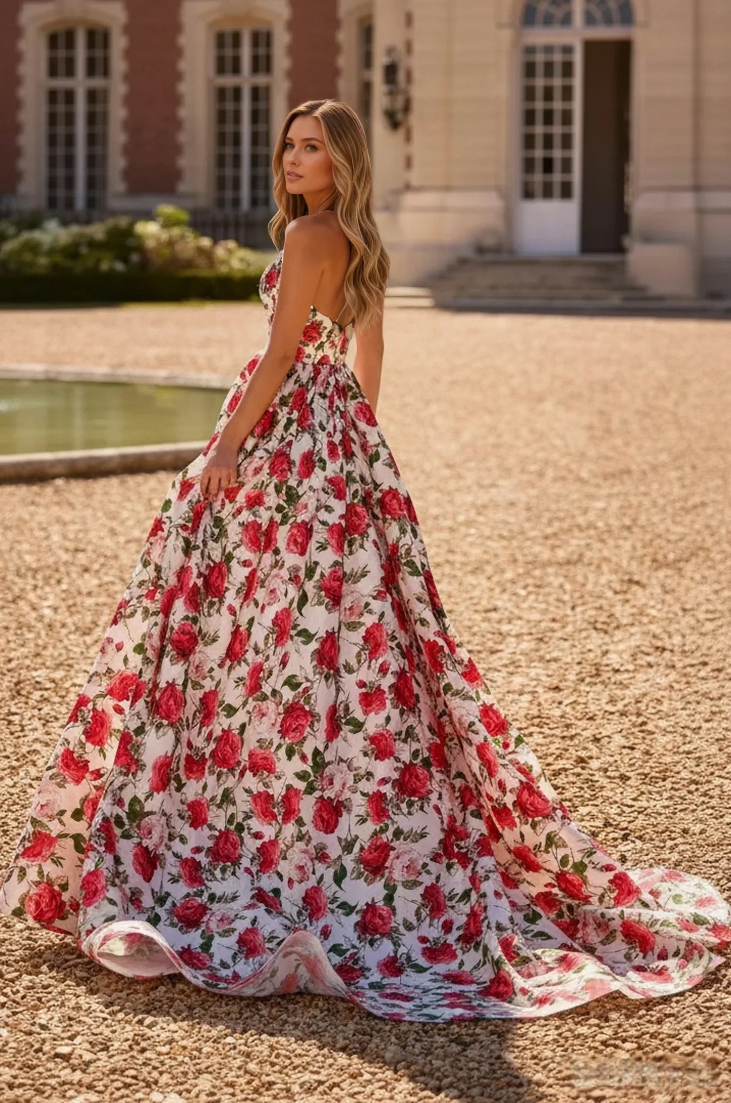 Sevoba strapless floral corset A-line prom dress with slit, full skirt and floor-length sweep, back view in courtyard