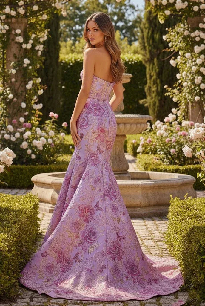 Strapless floral jacquard mermaid prom dress with bow, garden setting, elegant design